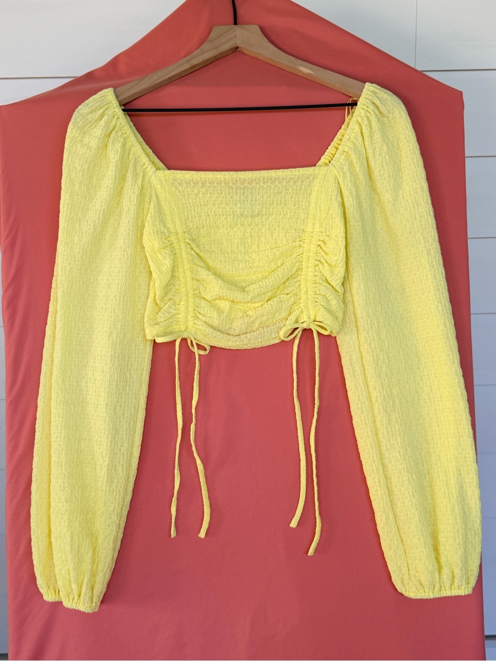 Sophie Rue Butter Yellow Ruched Crop Top Puff Sleeve Cottagecore Smocked S